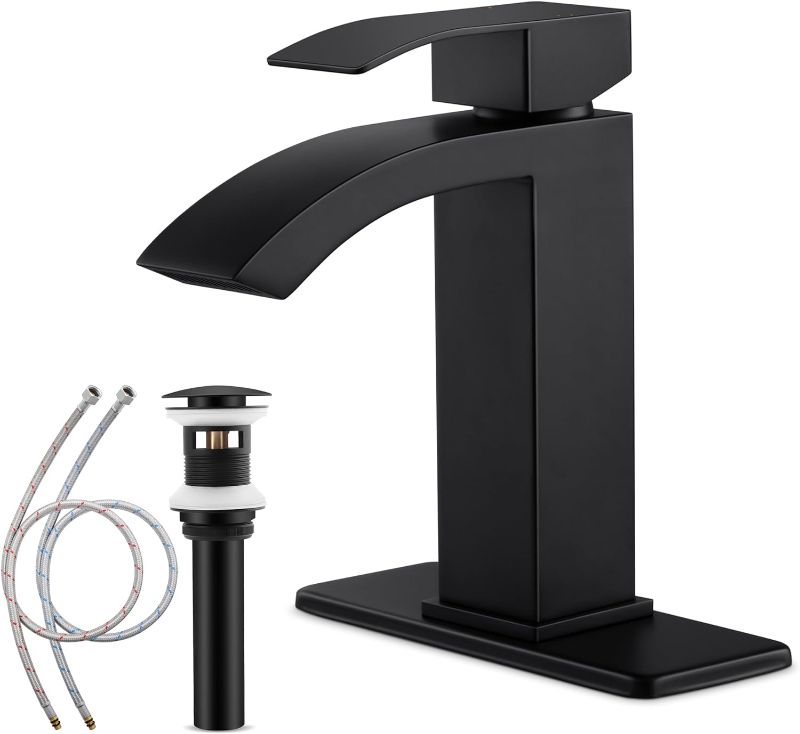 Photo 1 of  Bathroom Sink Faucet, Herogo Matte Black Waterfall Stainless Steel Sink Faucet with Pop-up Drain, Single Handle Bathroom Faucet with Deck Plate for 1 or 3 Hole RV Bathroom Vanity Lavatory Sinks