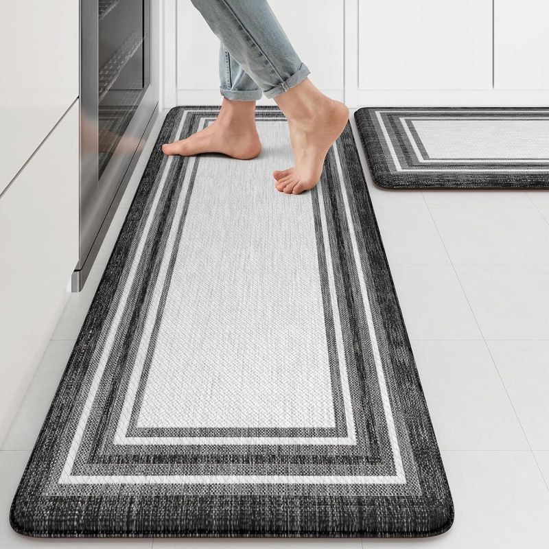 Photo 1 of  KIMODE Anti Fatigue Kitchen Mat 2PCS,Kitchen Rugs Non Slip Rubber Backing,Waterproof Farmhouse Kitchen Mat for Floor,Cushioned Standing Mat for Office,Laundry,Sink,Desk,Black and Grey