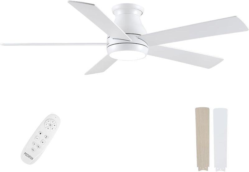 Photo 1 of 52 Inch Low Profile Ceiling Fans With Lights and Remote, LED Flush Mount White Ceiling Fan with Quiet DC Motor, Dimmable 6 Speeds Reversible Modern Ceiling Fan for Bedroom, Living Room
