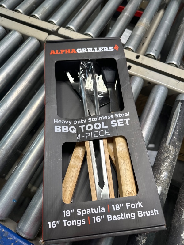 Photo 2 of Alpha Grillers Grill Set Heavy Duty BBQ Accessories - BBQ Gifts Tool Set 4pc Grill Accessories with Spatula, Fork, Brush & BBQ Tongs - Grilling Cooking Gifts for Men Dad Durable, Stainless Steel Grill Tool Set (Wooden Handle)