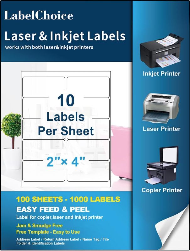 Photo 1 of 100 Sheets 1000 Labels 2”x4” 10 Up Shipping Address Labels Compatible with Laser and Inkjet Printers, 2x4 10 Per Page Strong Adhesive Easy Peel FBA Internet Mailing Shipping Labels
