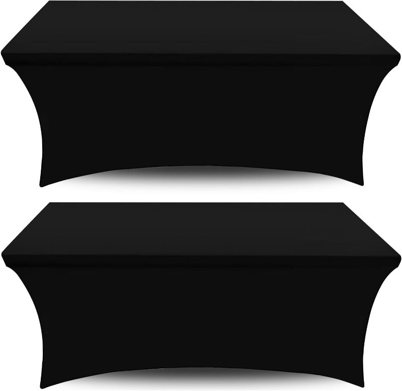 Photo 1 of 2Pack, 6FT Spandex Table Cover Black Fitted Rectangular Tablecloth Stretchable Fabric Lycra Tablecloth 6 ft Wrinkle-Free for Party Tradeshows Banquet Weddings Cocktail, 2 Pcs