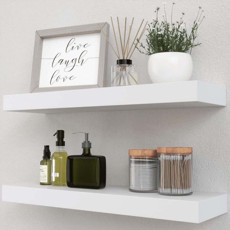 Photo 1 of Boswillon White Floating Shelves Set of 2, Wall Mounted Small Shelves for Room, Modern Hanging Shelves for Wall Decor, Display Wall Storage Shelves for Living Room, Bedroom, Bathroom, Kitchen - White 