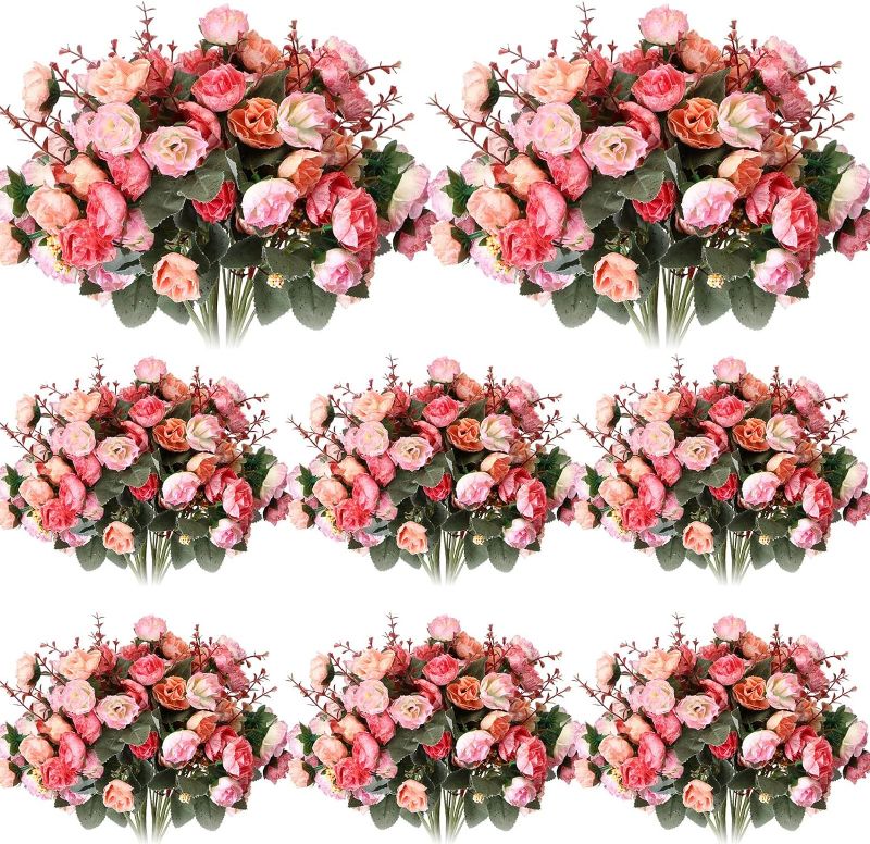 Photo 1 of Geosar 4 Pcss Artificial Rose Flowers Artificial Flower Bouquet Leaf Valentines Wedding Centerpieces DIY Bride Fake Rose for Home Bridal Party Decorations(Pink)