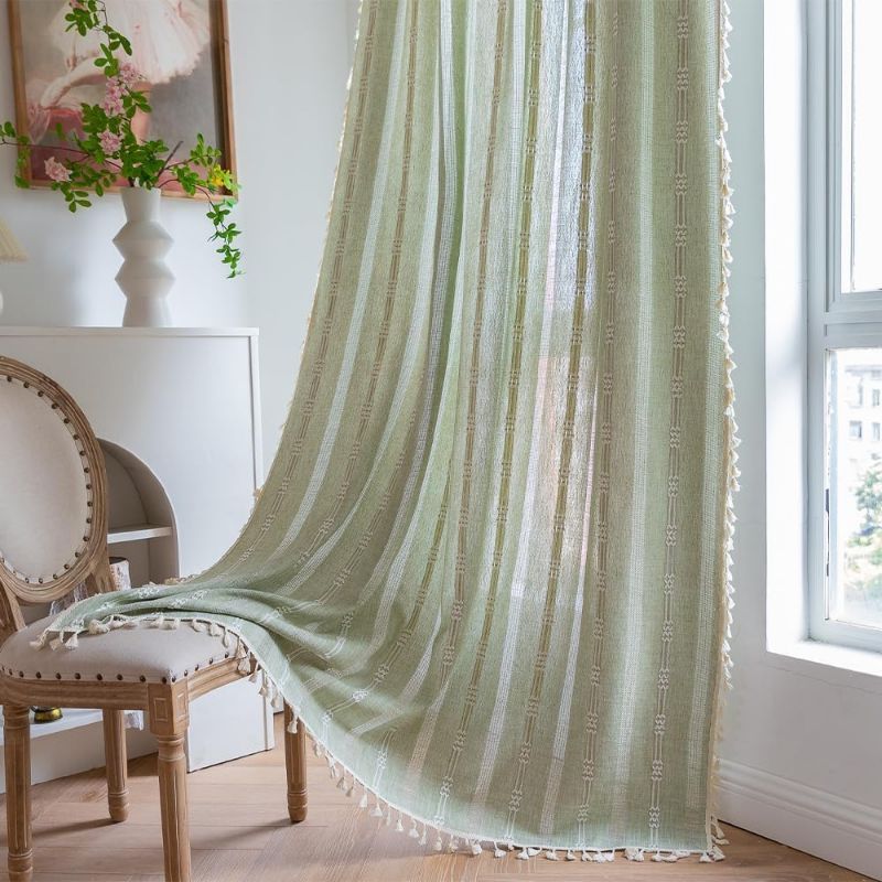 Photo 1 of Sage Green Boho Curtains 2 Panels Semi Blackout Curtains for Bedroom Sheer Curtains 63 inch Long Embroidery Linen Light Filtering Farmhouse Curtains for Living Room Darkening Curtains 55" W x 63" L