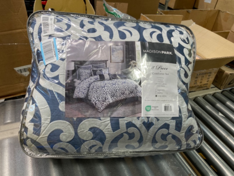 Photo 2 of Madison Park Odette Cozy Comforter Set Jacquard Damask Medallion Design - Modern All Season, Down Alternative Bedding, Shams, Decorative Pillows, Cal King(104 in x 92 in), Navy 8 Piece Navy Cal King (104 in x 92 in)