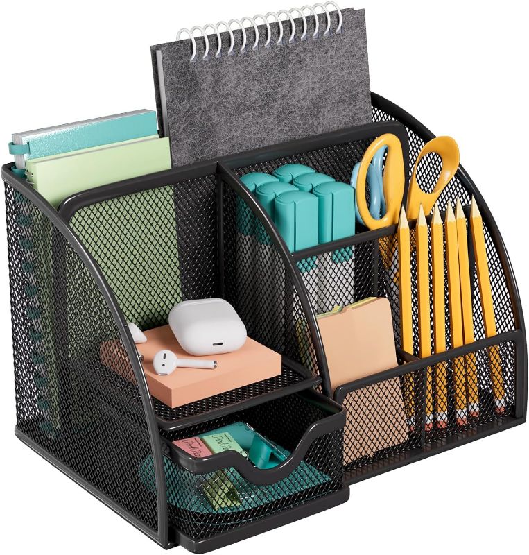 Photo 1 of MaxGear Mesh Desk Organizer, Desktop Organizer with Drawer, Office Supplies Multi-Functional Caddy, Metal Stationary Black Desk Caddy, 6 Compartments, 8.7 x 5.5 x 5 inch, 1 Pack