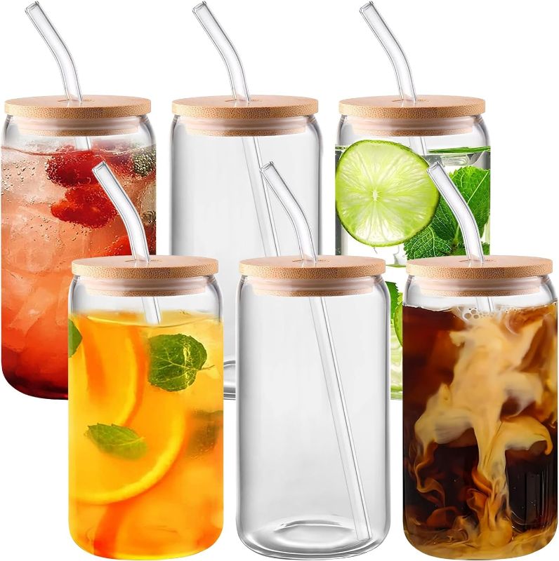 Photo 1 of 6 Pack Glass Cups With Bamboo Lids and Straws - 16 oz Glass Tumbler with Straw and Lid & Cleaning Brush,Iced Coffee Cups With Lids Smoothie Cups,Ideal for Beer, Cocktail, Whiskey,Gift
