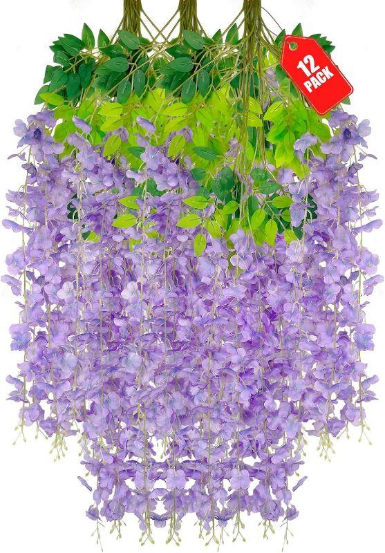 Photo 1 of 12 Pack Light Purple Wisteria Hanging Flowers, Light Purple 3.77 Ft Fake Hanging Flowers, Light Purple Artificial Wisteria Garland, Wisteria Flower Vines, Wisteria Garland for Backdrop Wedding Decor