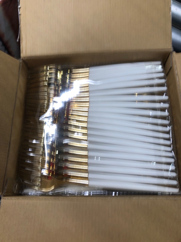 Photo 3 of 120 Pcs Gold Plastic Silverware, Gold Plastic Cutlery with White Handle, Gold Disposable Dinnerware,Heavy Duty Gold Plastic Utensils Set Include 60 Forks, 60 Spoons for Dinner Wedding Party White Gold