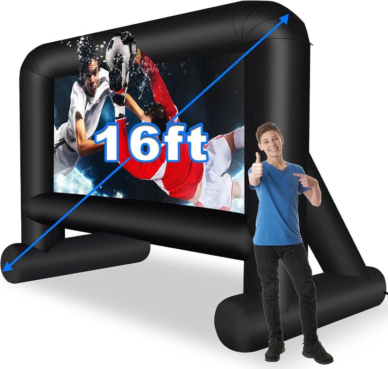 Photo 1 of 16 Feet Inflatable Movie Screen Outdoor, Projection Screen with Air Blower, Tie-Downs and Storage Bag - Easy Set up, Blow Up Screen for Backyard Movie Night, Theme Party
