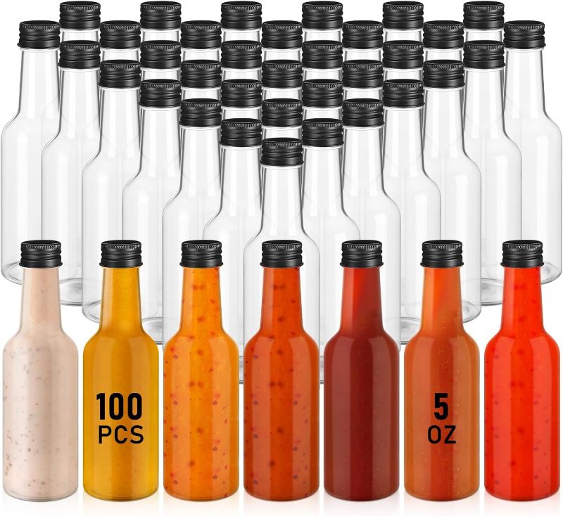 Photo 1 of 100 Pcs Hot Sauce Bottles Small Plastic Bottles Clear Woozy Bottles Empty with Leak Proof Black Screw Cap Mini Wine Liquor Bottles for Kitchen Sauce Salad Dressing Syrup Juice Whiskey Party (5 oz)
