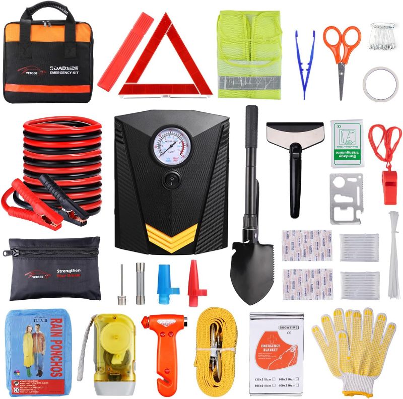 Photo 1 of *** NOT FUNCTIONAL SELLING AS PARTS***** NO RETURNS***
 Car Roadside Emergency Kit with Jumper Cables, Auto Vehicle Safety Road Side Assistance Kits, Winter Car Kit Essentials for Women and Men, with Portable Air Compressor, Folding Survival Shovel
