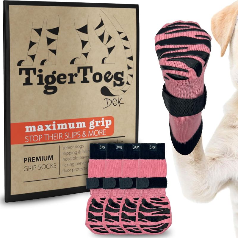 Photo 1 of DOK TigerToes Premium Non-Slip Dog Socks for Hardwood Floors - Extra-Thick Grip That Works Even When Twisted - Prevents Licking, Slipping, and Great for Dog Paw Protection (XL, Sassy Pink)
