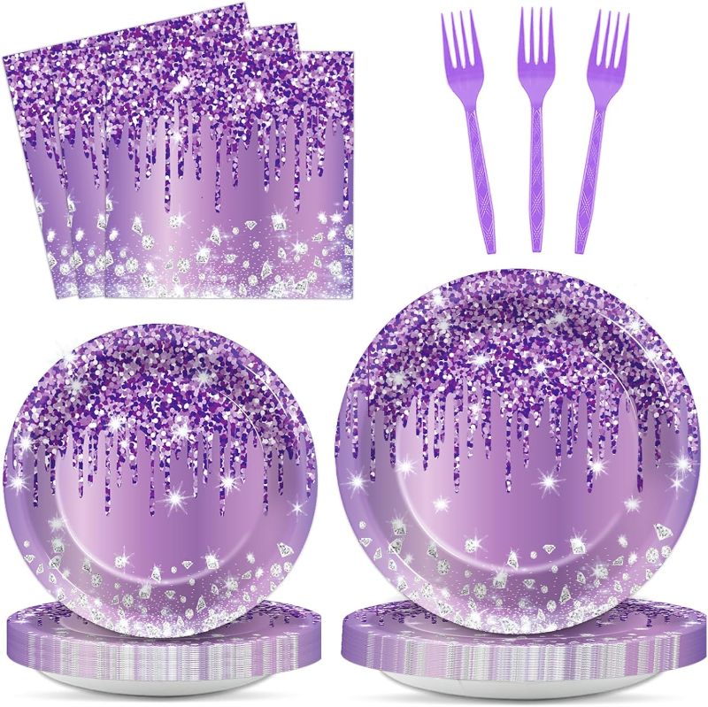 Photo 1 of 200PCS Purple Birthday Party Plates and Napkins Purple And Silver Birthday Party Decorations Purple Silver Party Tableware Set Serves 50 Guests Girls Ladies Women Wedding Birthday Party Favors
