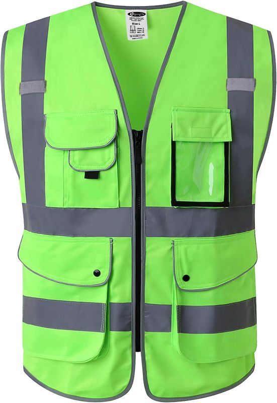 Photo 1 of JKSafety 9 Pockets Class 2 High Visibility Zipper Front Safety Vest With Reflective Strips, Meets ANSI/ISEA Standards (Medium, 150-Green)
