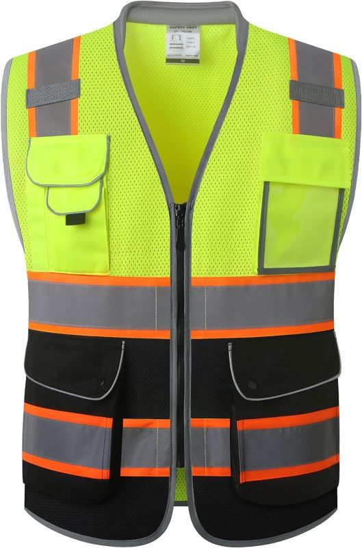 Photo 1 of JKSafety 9 Pockets Class 2 Hi-Vis Safety Vest High Visibility Reflecitive Mesh Safety Vests for Men and Women Cushioned Collar Work Utility PPE Work Gear ANSI/ISEA compliant (101-YBlack XL)
