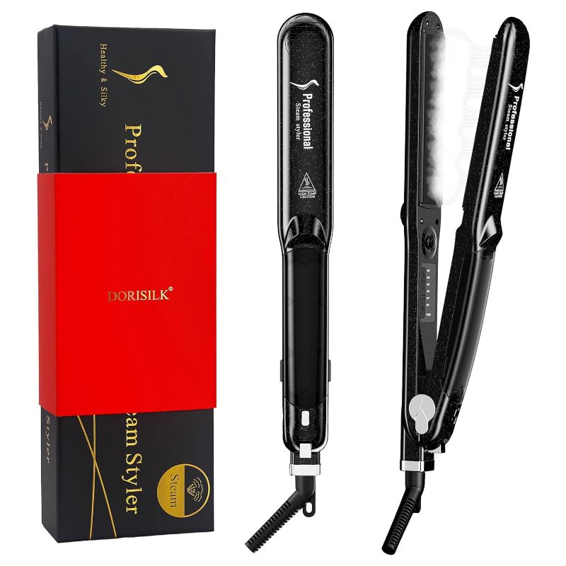 Photo 1 of DORISILK 2.0 Upgraded Steam Straighteners for Hair, Professional Salon Ceramic Tourmaline Vapor Steam Flat Iron Hair Straightener and Curler 2 in 1 Straightening Curling Iron, Dual Voltage LED Temp