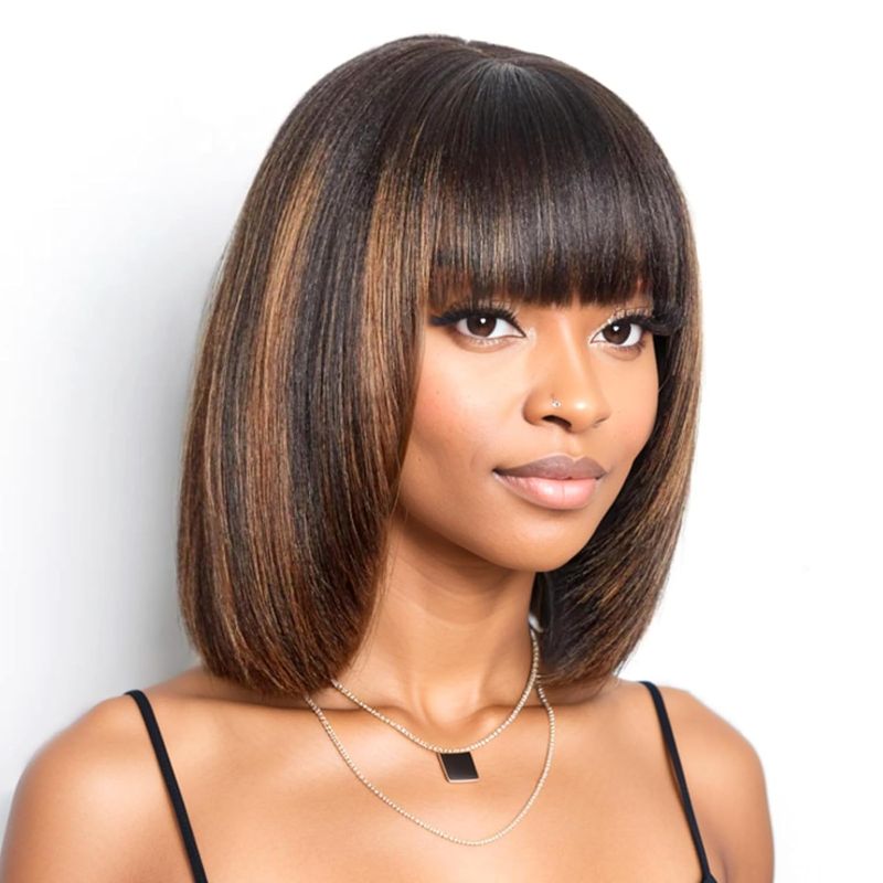 Photo 1 of ** SIMILAR TO IMAGE**
10 Inch Straight Bob Wig Human Hair Glueless Wigs with Bangs 2x1 Closure HD Lace Layered Cut Wig Bob Short Wigs Minimalism for Women Brown Highlight 180% Density
