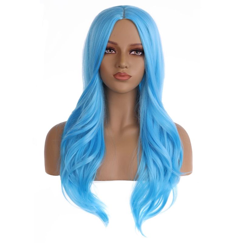 Photo 1 of BERON 28" Women Girls Long Curly Wavy Wig Heat Resistant Synthetic Fiber with Wig Cap (Sky Blue)
