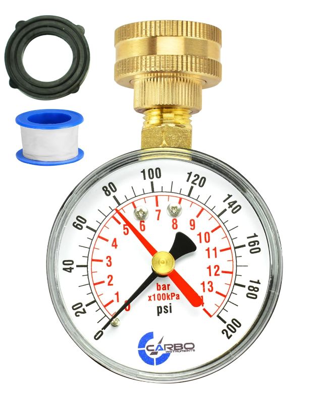 Photo 1 of 2-1/2" Pressure Gauge,Water Pressure Test Gauge, 3/4" Female Hose Thread, 0-200 PSI with Red Pointer
