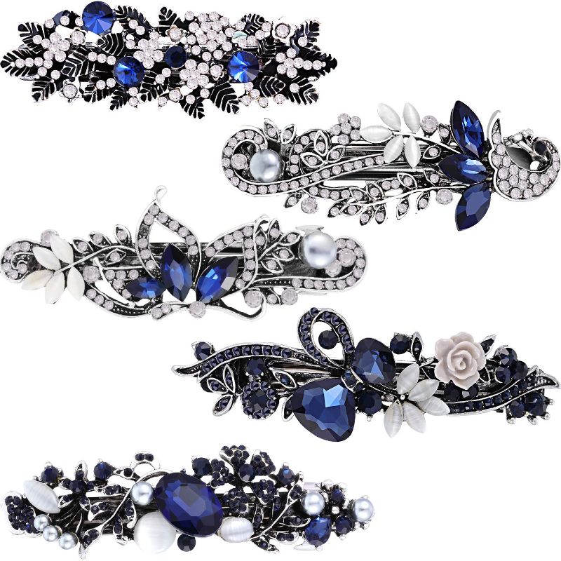 Photo 1 of **4 Pieces Crystal Rhinestones Hair Barrettes Large Flower Butterfly Pearl French Vintage Clip Wedding Navy Hair Jewelry for Thick long Hair for Women Girls
