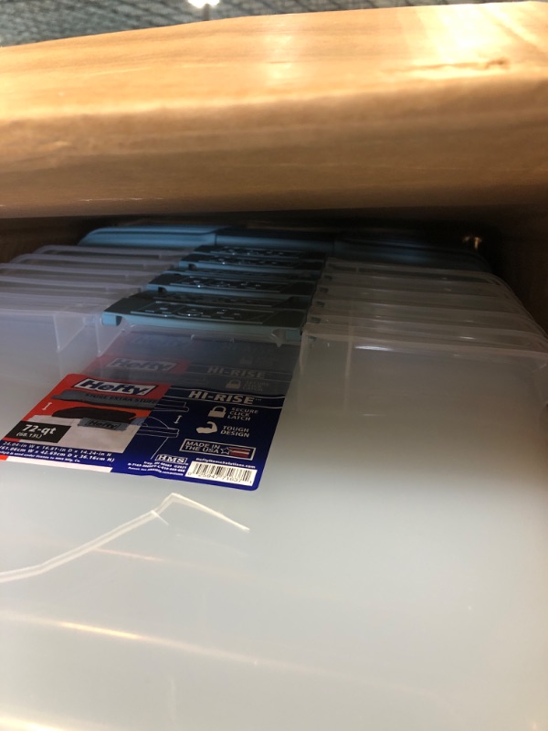 Photo 1 of Hefty HI-RISE Clear Plastic Bin with Smoke Blue Lid (6 Pack) - 72 qt Storage Container with Lid, Ideal Space Saver for Closet Shoe Storage Bins and Under Shelf Storage