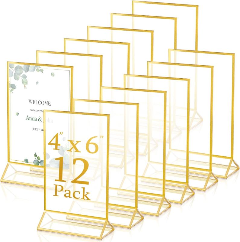 Photo 1 of 12 Pieces Gold Frames Clear Acrylic Sign Holder Double Sided Menu Display Stand with Gold Borders 2mm Table Number Holder for Wedding Recipe Cards Photo Display(Vertical,4 x 6 Inch)

