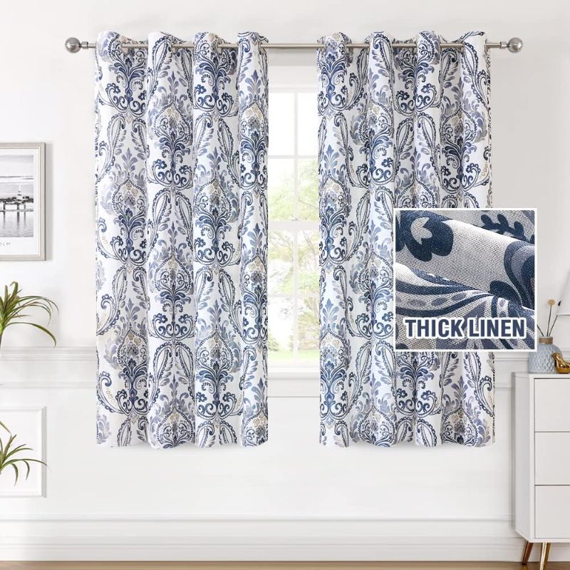 Photo 1 of H.VERSAILTEX Linen Curtains Damask Floral Natural Linen Blended Curtains for Living Room 63 Inch Length Drapes Vintage Floral Pattern Privacy Added Light Filtering Mid-Century Style 2 Panels, Navy
