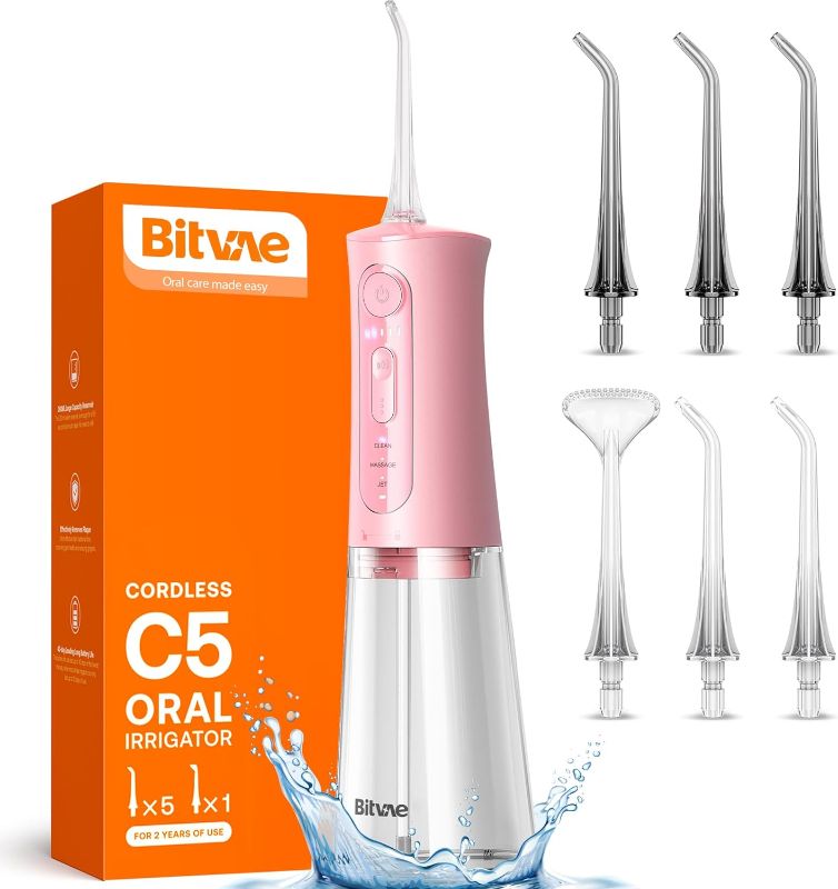 Photo 1 of Bitvae Water Flosser Teeth Picks, Cordless Portable Oral Irrigator, Powerful and Rechargeable Water Flosser for Teeth, Brace Care, IPX7 Waterproof Water Dental Picks for Cleaning, Quartz Pink
