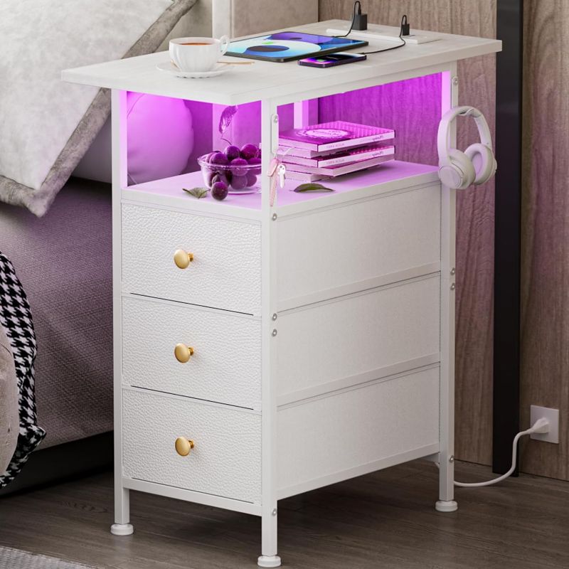 Photo 1 of End Table with Charging Station, Narrow Side Table with 3 Fabric Drawers and Shelf, Skinny Nightstand with LED Light, Slim Bedside Table for Bedroom, Living Room, Small Spaces, White
