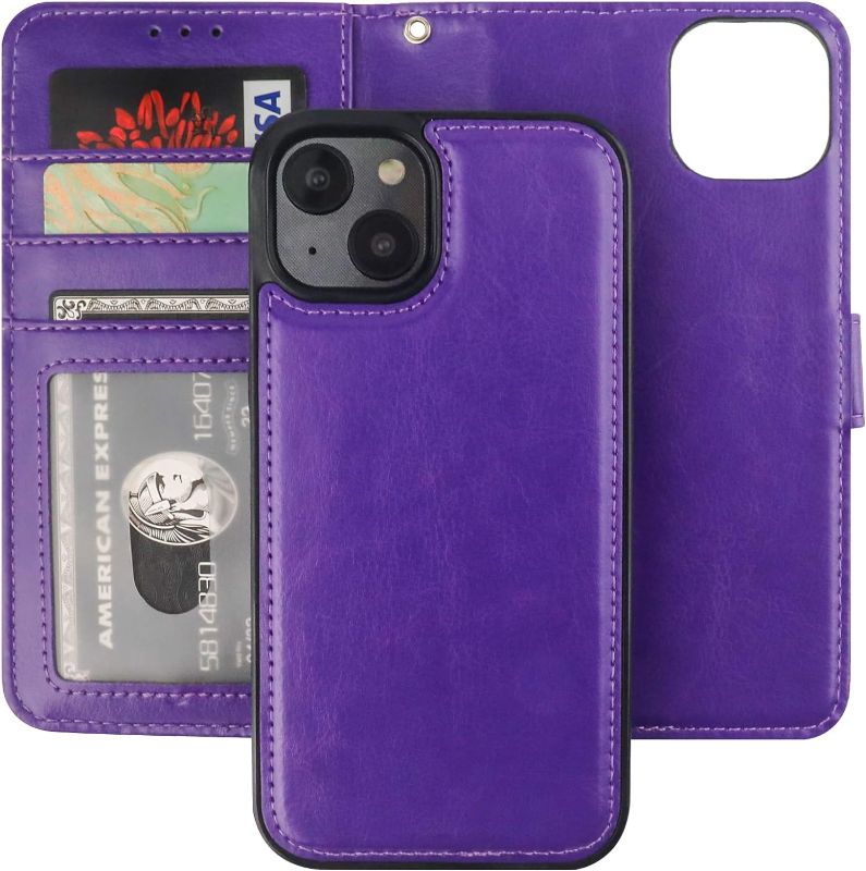 Photo 1 of Bocasal Detachable Wallet Case for iPhone 14 RFID Blocking Card Slots Holder Premium PU Leather Magnetic Kickstand Shockproof Wrist Strap Removable Flip Protective Cover 5G 6.1 inch (Purple)
