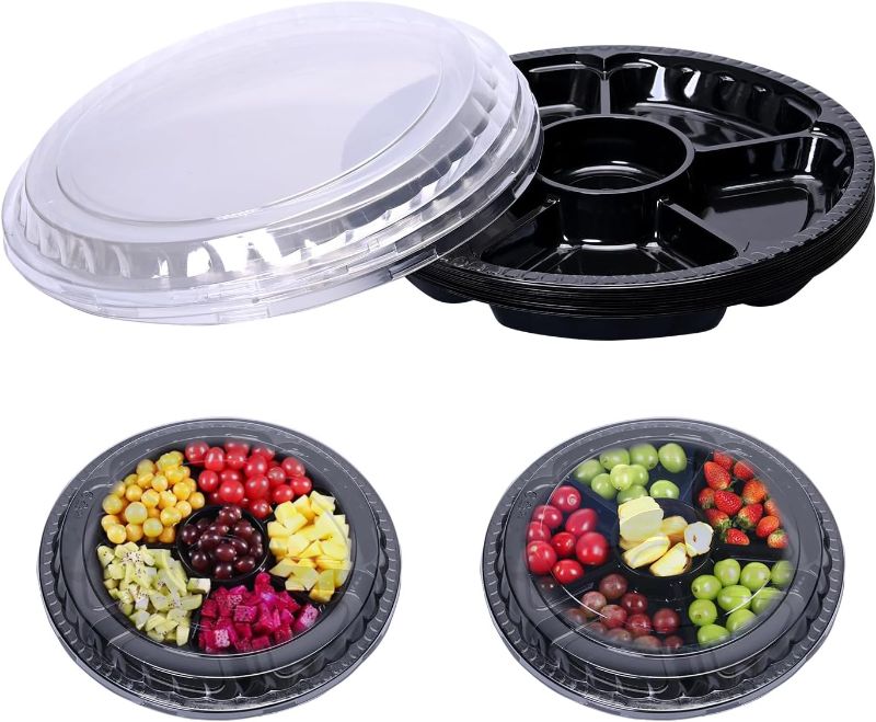 Photo 1 of 10 Pcs Plastic Appetizer Serving Tray with Lid Round 12.5 Inch Tray with Lid Disposable Serving Fruit Veggie Tray with 6 Divided Compartment Tray Fruit Snack Veggie Trays for Catering for Party
