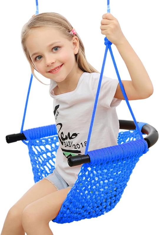 Photo 1 of Hand-Knitting Toddler Swing, Swing Seat for Kids with Adjustable Ropes, Little tikes Swing Set, for Outdoor Indoor, Playground, Backyard (Blue)
