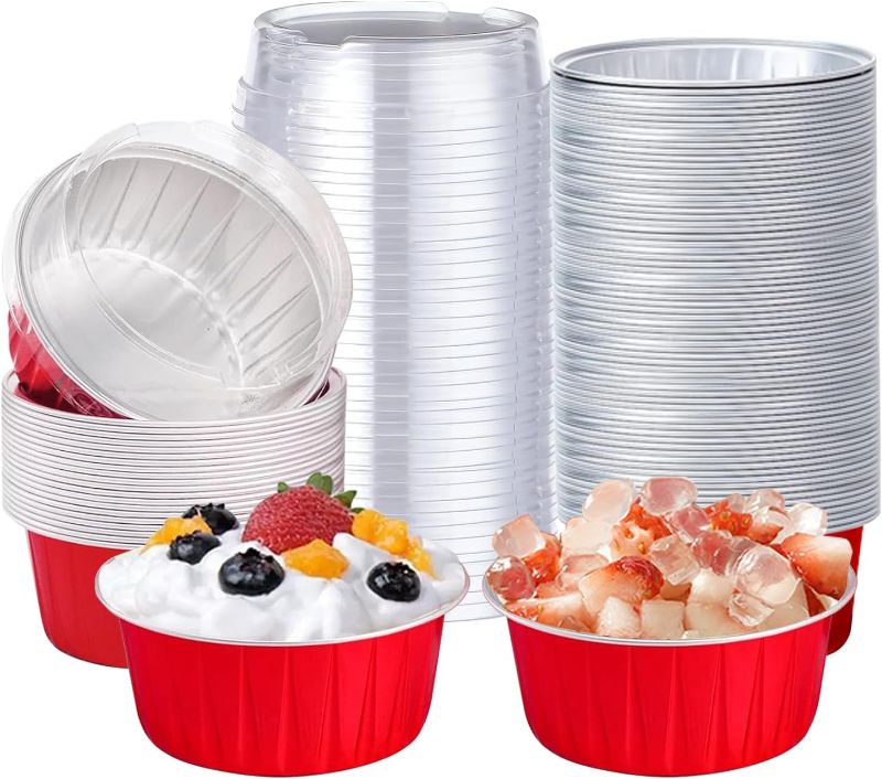 Photo 1 of 200 Pack Aluminum Foil Cupcake 5oz Disposable Ramekins Baking Cups, Aluminum Cups with Lids Muffin Liners Mini Pie Pans Cake Containers with Lids for Wedding Birthday Christmas Party (Red)
