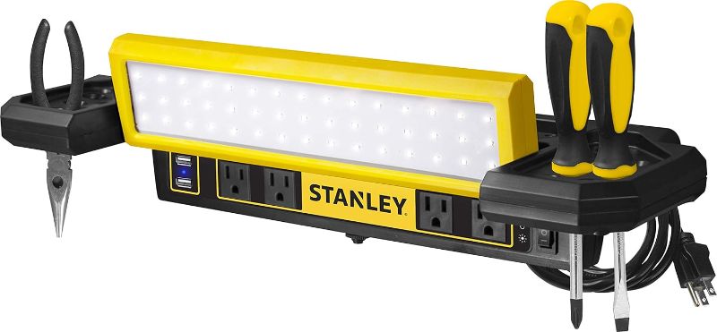 Photo 2 of STANLEY PSL1000S Adjustable 45 COB LED Workbench Light with AC Power Outlets, Dual 2.1 Amp USB Charging Ports, and Tool Storage Black,yellow,white 45 COB LED