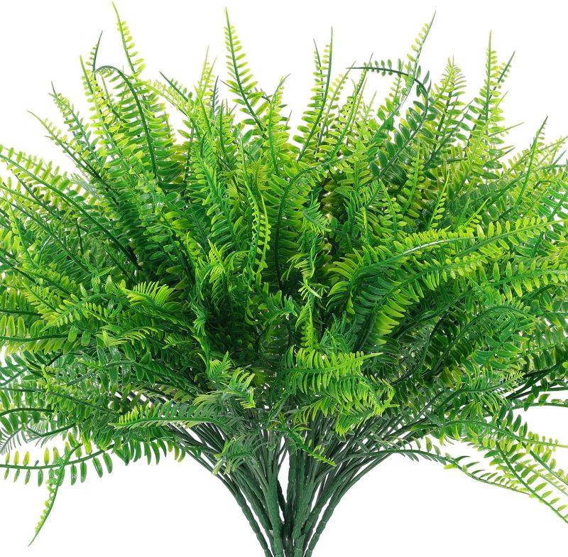 Photo 1 of 2 Pcs Artificial Outdoor Plants Fake Boston Fern Stems, UV Resistant Faux Artificial Plants Shrubs Outdoors Plastic Plant Bulk for Hanging Planter Porch Window Home Decor (12, Green)