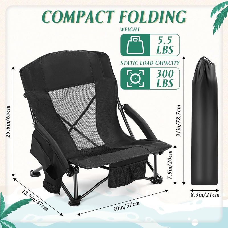 Photo 1 of  Low Beach Chairs for Adults with Cup Holder Magazine Bag, Carry Bag Folding Portable Camping Chairs with Mesh Back Low Seat for Traveling Outdoor Sand Lawn Picnic, Support 300lbs