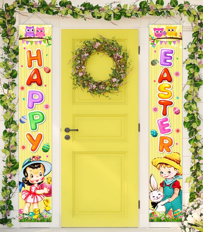 Photo 1 of 2 PACK***VINTAGE EASTER DOOR HANGING BANNER-YELLOW HAPPY EASTER FRONT DOOR PORCH SIGN EASTER SPRING OUTDOOR DECORATION FOR PARTY
