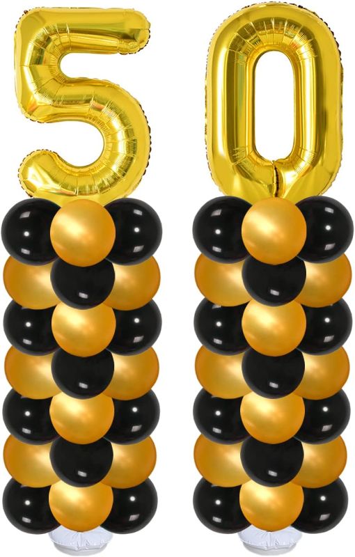 Photo 1 of 50TH BIRTHDAY DECORATIONS KIT FOR WOMEN MEN,6.5 FEET TALL 50 BIRTHDAY BALLOON COLUMN FOR 50TH BIRTHDAY AND ANNIVERSARY PARTY DECORATIONS (BLACK & GOLD)
