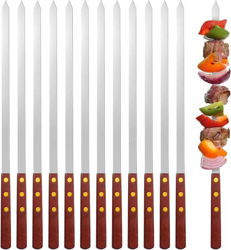 Photo 1 of 12 Pieces Skewers for Kabobs 0.4 Inch Wide Thin Stainless Steel Kebab Skewers Long Skewers Barbecue Skewers Reusable Metal BBQ Skewers with Wood Handle for Father's Day Present (17.7 Inch)