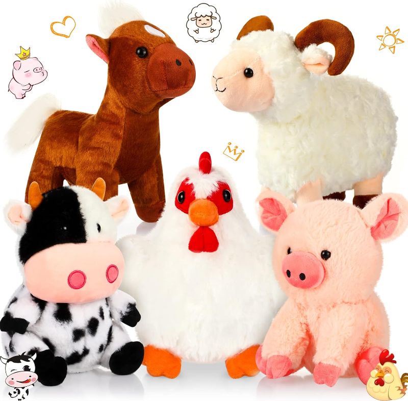 Photo 1 of 5 Pack Farm Plush Animals Set 10 Inches Plush Farm Stuffed Animals Barnyard Stuffed Animals Soft Pig Rooster Horse Sheep Cow Stuffed Animals Toy for Birthday Party Decoration Supplies