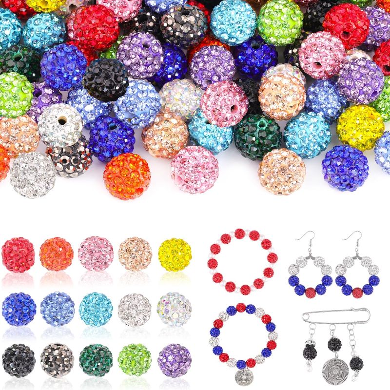 Photo 1 of 150 pcs 10mm Rhinestone Beads for Crafting, 15 Mixed Colors Shiny Round Shamballa Disco Ball Beads Bulk, Fancy Sparkle Crystal Clay Bead for Necklace Bracelet Earring Jewelry Making and DIY Decoration