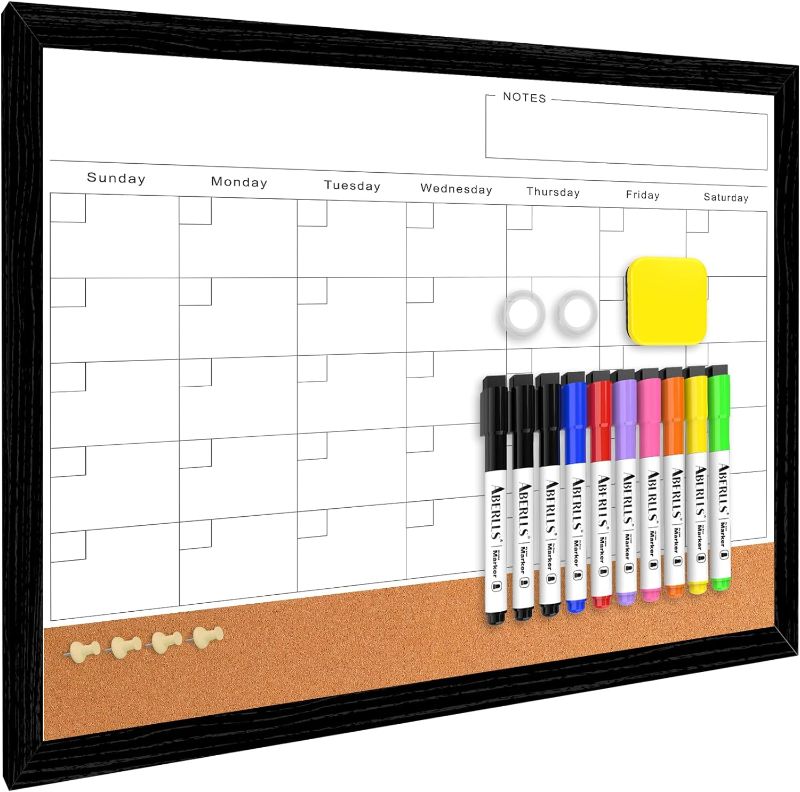 Photo 1 of Monthly Calendar Dry Erase Board for Wall, 17"x13" Whiteboard with Black Wood Framed, Magnetic White Boards, 2in1 White Board Cork Board Combo, Calendar Bulletin Board for Kitchen Planner Memo Office