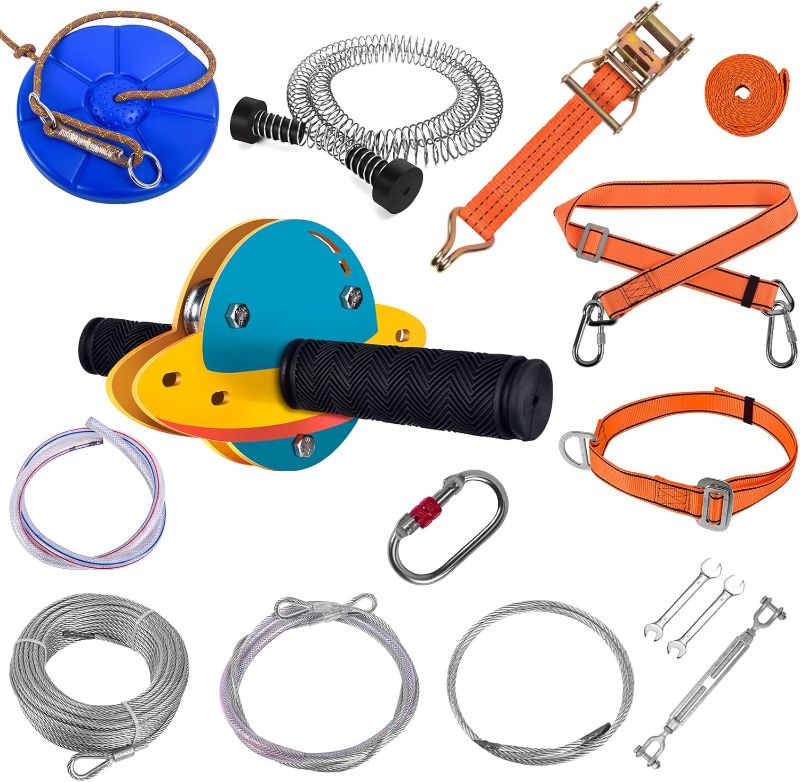 Photo 1 of 120FT Zip Lines for Kids and Adults Outdoor, Zipline Kits for Backyard Up to 330 LBS with UFO Light Up Zipline Trolley and Thickened Zipline seat,for Kids Outdoor Toys