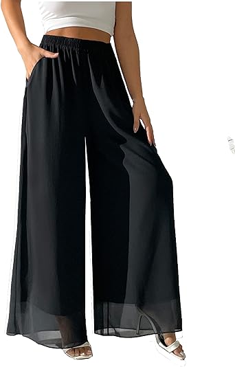 Photo 1 of heipeiwa Women's Chiffon Dress Beach Wide Leg Palazzo Pants Elastic Waist Trouser