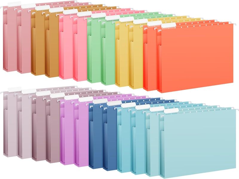 Photo 1 of Yaomiao 24 Hanging File Folder Bulk Letter Size Expandable Hanging File Pocket with Plastic Tabs and Label Inserts Kraft Paper File Folders for Home Office Letter File Organization (Bright Color)