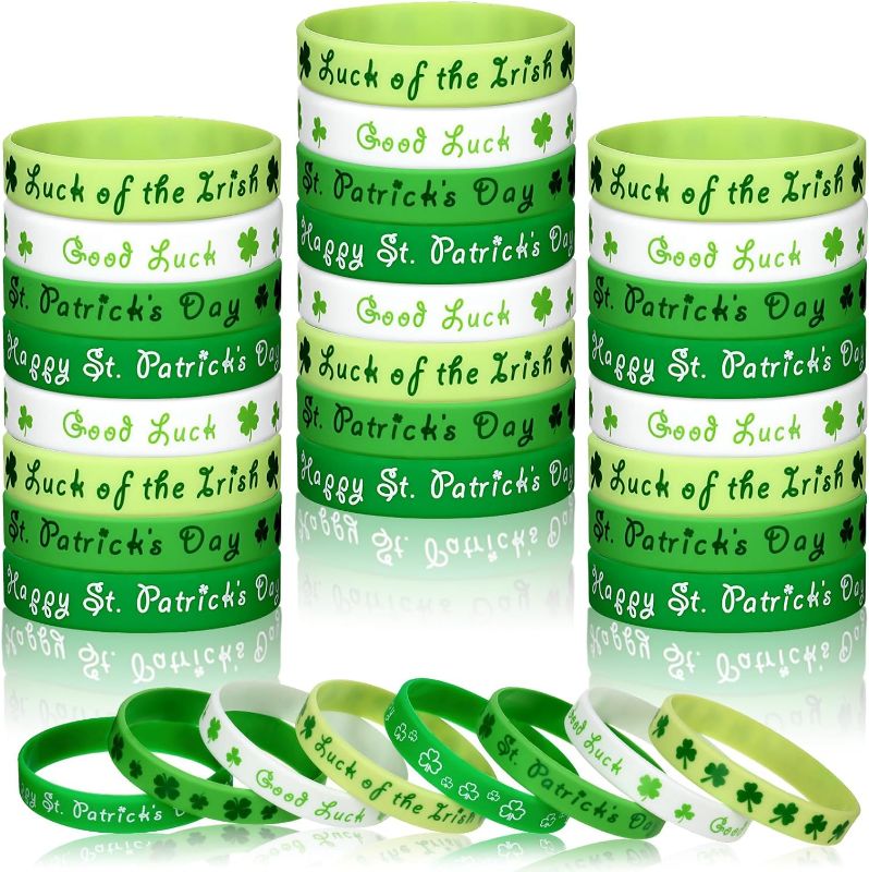 Photo 1 of 200 Pieces St. Patrick's Day Rubber Wristbands St. Patrick's Day Accessories Shamrock Bracelets Green Shamrock Irish Bracelets St. Patrick's Day Party Favors Supplies, 4 Styles (Shamrock)