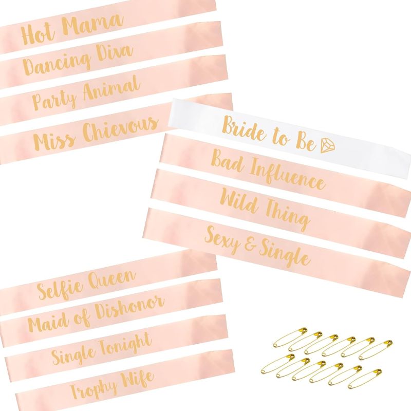 Photo 1 of 12Pack Bachelorette Party Sashes for Bride to Be and Bridesmaid Decorations, Bridal Shower Engagement Wedding Party Favors (Rose Gold and White)