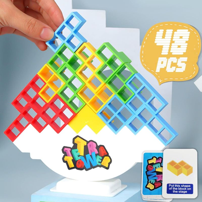 Photo 1 of 48 Pcs Tetra Tower Balance Stacking Blocks Game, Board Games for 2 Players+ Family Games, Parties, Travel, Kids & Adults Team Building Blocks Toy